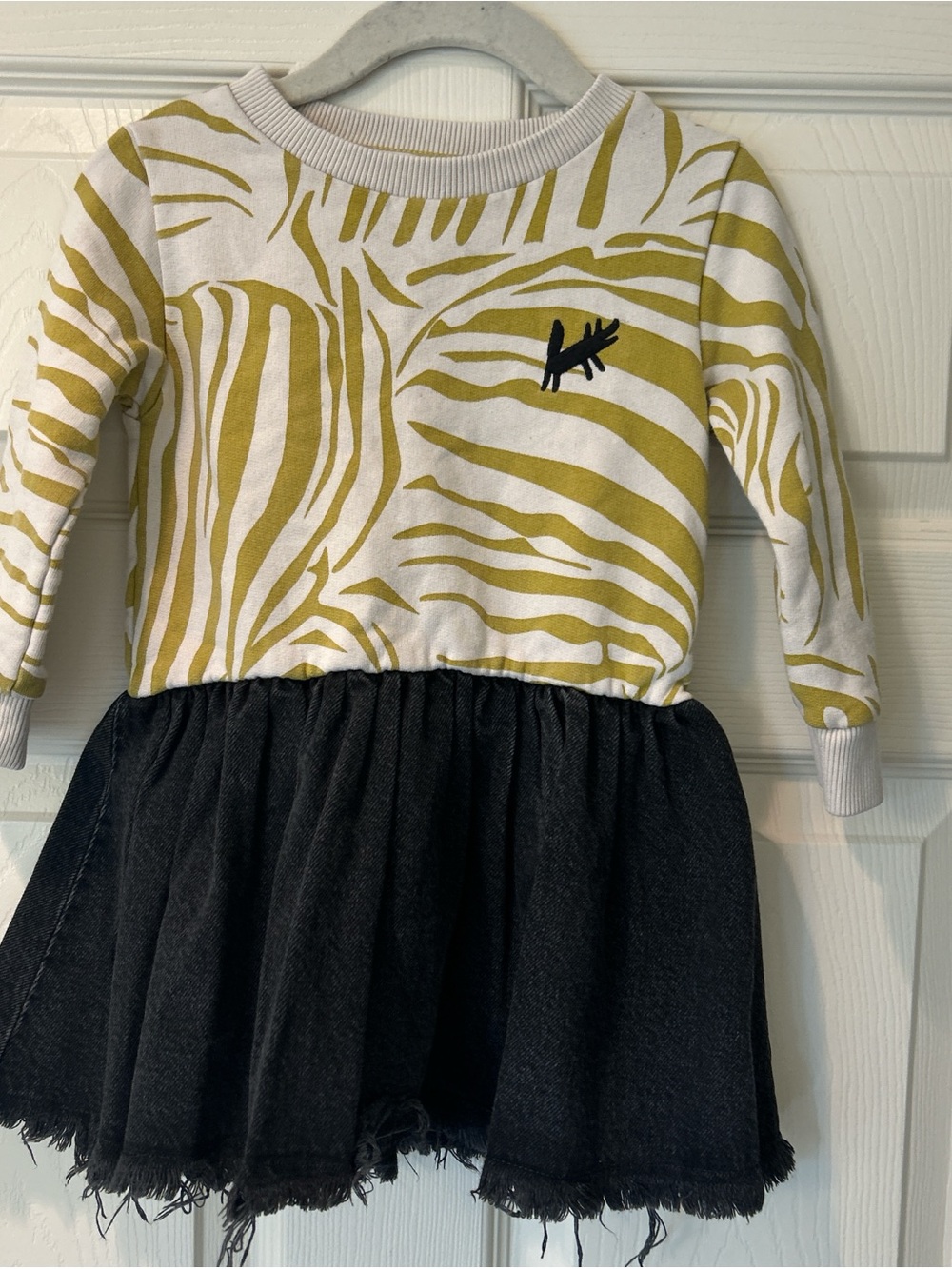 Girls White & Olive Zebra Print Top with Black Skirt Dress